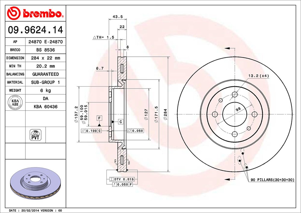 Tarcza hamulcowa BREMBO 09.9624.14