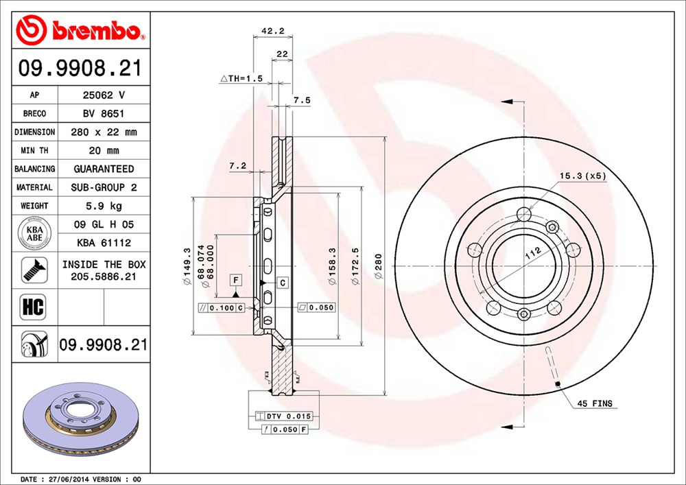 Tarcza hamulcowa BREMBO 09.9908.21