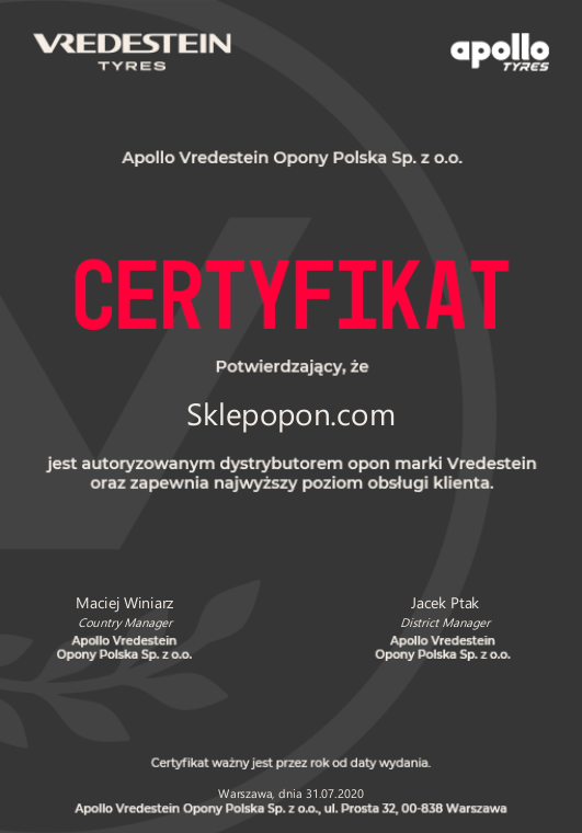 Certyfikat Vredestein