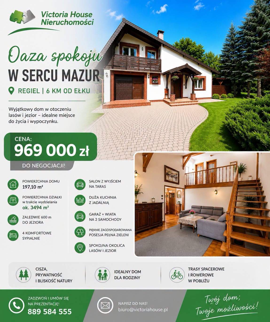 🏡 OAZA SPOKOJU, O KTÓREJ MARZYSZ... ISTNIEJE! 🌿✨
Wyobraź sobie, że każdego ranka budzi Cię śpiew ptaków... 🕊️
Zamiast korków – ściana lasu. 🌲
Zamiast miejskiego hałasu – cisza i szum drzew 🍃
💚 A wszystko zaledwie 6 km od Ełku!
✨ Ta nieruchomość zachwyca od pierwszego spojrzenia!
🏡 Dom jednorodzinny o powierzchni całkowitej 197,10 m2
🌳 Działka wydzielana o pow. ok. 3494 m2
🌊 Tylko 600 m od jeziora
🔥 Przestronny salon z dekoracyjnym kominkiem
🍽️ Otwarta kuchnia z jadalnią
🛏️ 4 funkcjonalne pokoje
🌞 Zadaszony taras z murowanym grillem
🚗 Garaż + wiata na 2 samochody
🌿 Pięknie zagospodarowany ogród pełen drzew i zieleni
✨ Dom jest zadbany i gotowy do zamieszkania – wystarczy dodać własny styl i cieszyć się życiem w wyjątkowym miejscu.
💚 To nie tylko dom…
To miejsce rodzinnych spotkań. ❤️
To poranna kawa na tarasie. ☕
To letnie grille z przyjaciółmi. 🔥
To spacery nad jeziorem. 🌅
To życie, o którym wielu marzy…
💰 Cena: 969 000 zł (do negocjacji)
📲 Nie pozwól, aby ktoś Cię wyprzedził! Umów się na prezentację już dziś!
🟢 Victoria House Nieruchomości 📞 889 584 555
📧 biuro@victoriahouse.pl
💚 Twój dom. Twoje możliwości.
#VictoriaHouse #VictoriaHouseNieruchomości #DomNaSprzedaż #Regiel #Ełk #Mazury #MazuryCudNatury #DomMarzeń #LuksusBliskoNatury #BliskoJeziora #DomZOgrodem #DomDlaRodziny #NieruchomościMazury #NieruchomościEłk #KupDom #Kominek #Taras #ŻycieNaMazurach #SpokojneŻycie #OazaSpokoju #NowaOferta #TwójDomTwojeMożliwości