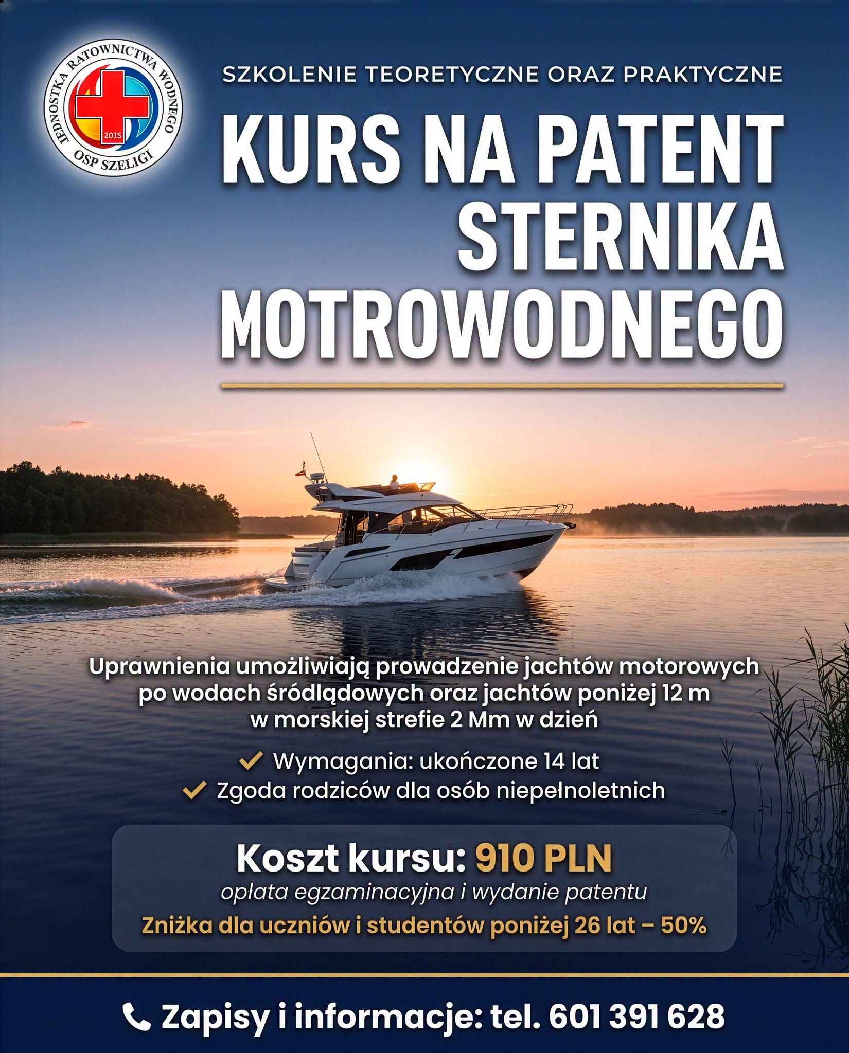 Mazury bez sternika?
Możesz patrzeć z brzegu albo przejąć ster. 🚤
Kurs na patent sternika motorowodnego rusza w Osp Szeligi

Szkolenie obejmuje teorię i praktykę, a zdobyte uprawnienia pozwalają prowadzić jachty motorowe po wodach śródlądowych oraz jednostki do 12 metrów w morskiej strefie 2 Mm w dzień.

✅ Wymagany wiek, minimum 14 lat
✅ Koszt kursu, 910 zł
✅ Uczniowie i studenci poniżej 26 lat, 50% zniżki

Zadzwoń pod numer 601 391 628 i zarezerwuj miejsce.

#PatentMotorowodny #KursSternika #OSPSzeligi #Ełk #Mazury