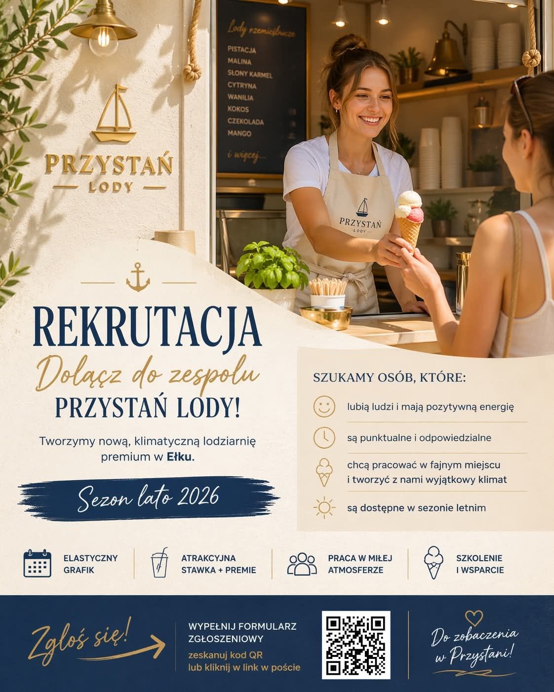 🍦 REKRUTACJA NA SEZON 2026 – PRZYSTAŃ LODY 🍦
Tworzymy zespół do nowej, klimatycznej lodziarni premium w Ełku.

Szukamy osób uśmiechniętych, odpowiedzialnych i lubiących kontakt z ludźmi do pracy w sezonie maj–wrzesień.

📍 Ełk

📅 Elastyczny grafik ustalany z wyprzedzeniem

💰 Premie

📄 Umowa zlecenie

🎓 Mile widziane osoby ze statusem studenta / ucznia

Szukamy osób, które:

✔ lubią ludzi

✔ są punktualne

✔ chcą pracować latem

✔ potrafią działać sprawnie i z uśmiechem

Jeśli chcesz spędzić lato w fajnym miejscu i współtworzyć nową markę – zgłoś się tutaj 👇

https://forms.gle/s9t7gW8sf2AuhZVs9

Prosimy o zgłoszenia wyłącznie przez formularz.