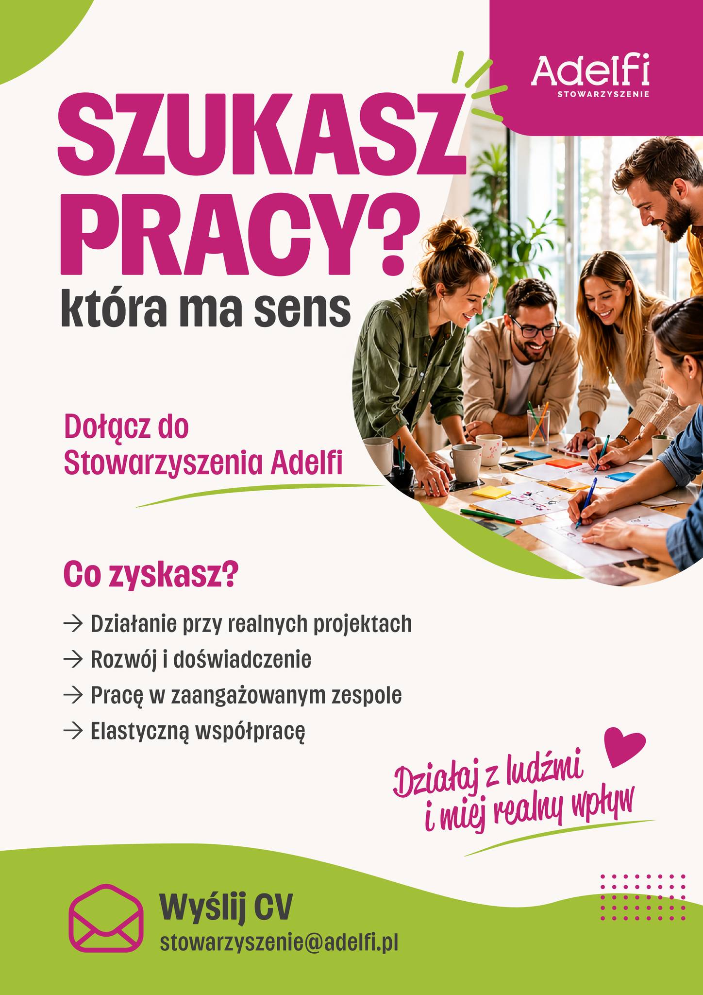 **Rekrutacja do zespołu Stowarzyszenia Adelfi**

Stowarzyszenie Adelfi działa na rzecz rozwoju lokalnej społeczności, wsparcia mieszkańców oraz realizacji inicjatyw społecznych, edukacyjnych i animacyjnych. W związku z rozwojem naszej działalności poszukujemy osoby, która dołączy do naszego zespołu i będzie wspierać nas w bieżącej realizacji projektów oraz działań Stowarzyszenia.

**Zakres współpracy obejmuje w szczególności:**
   * wsparcie organizacyjne i administracyjne realizowanych działań i projektów,
   * udział w przygotowaniu i obsłudze wydarzeń, spotkań oraz inicjatyw społecznych,
   * kontakt z uczestnikami, partnerami i interesariuszami,
   * prowadzenie podstawowej dokumentacji związanej z realizowanymi działaniami.

**Wymagania:**
   * dobra organizacja pracy i samodzielność,
   * komunikatywność i umiejętność pracy w zespole,
   * zaangażowanie i odpowiedzialność,
   * gotowość do realizacji zadań o zróżnicowanym charakterze,
   * prawo jazdy kat. B,
   * umiejętność obsługi narzędzi biurowych,
   * mile widziane doświadczenie w sektorze społecznym lub przy realizacji projektów.

**Oferujemy:**
   * współpracę przy realizacji działań o charakterze społecznym,
   * możliwość rozwoju kompetencji w obszarze pracy projektowej i animacji społecznej,
   * pracę w zespole zaangażowanym w działania na rzecz lokalnej społeczności,
   * pracę w trybie stacjonarnym w Ełku oraz na terenie subregionu ełckiego
   * wynagrodzenie 5500,00 - 6500,00 zł brutto

Osoby zainteresowane prosimy o przesyłanie CV na adres: [stowarzyszenie@adelfi.pl](mailto:stowarzyszenie@adelfi.pl). Zgłoszenia przyjmujemy do 15 maja. Informujemy, że będziemy kontaktować się tylko z wybranymi osobami.