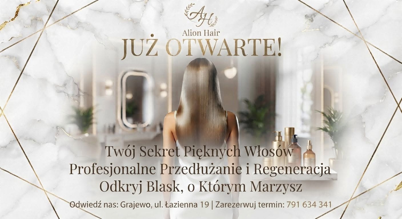 Masz dość cienkich lub zniszczonych włosów? Czas na metamorfozę! Zapraszam na:
🔹 Przedłużanie włosów – długie, gęste i naturalne pasma.
🔹 Rekonstrukcja włosów – głęboka regeneracja i blask.
🔹 Aparatna terapia – nowoczesne zabiegi trychologiczne.
​Pracuję wyłącznie metodą keratynową – bezpieczną, trwałą i dającą najbardziej naturalny efekt! 🤍💛
​📍 Grajewo ul. Łazienna 19(blisko Ełku)
Tel.: 791 634 341 
📲 Zarezerwuj termin w wiadomości prywatnej (PV)!