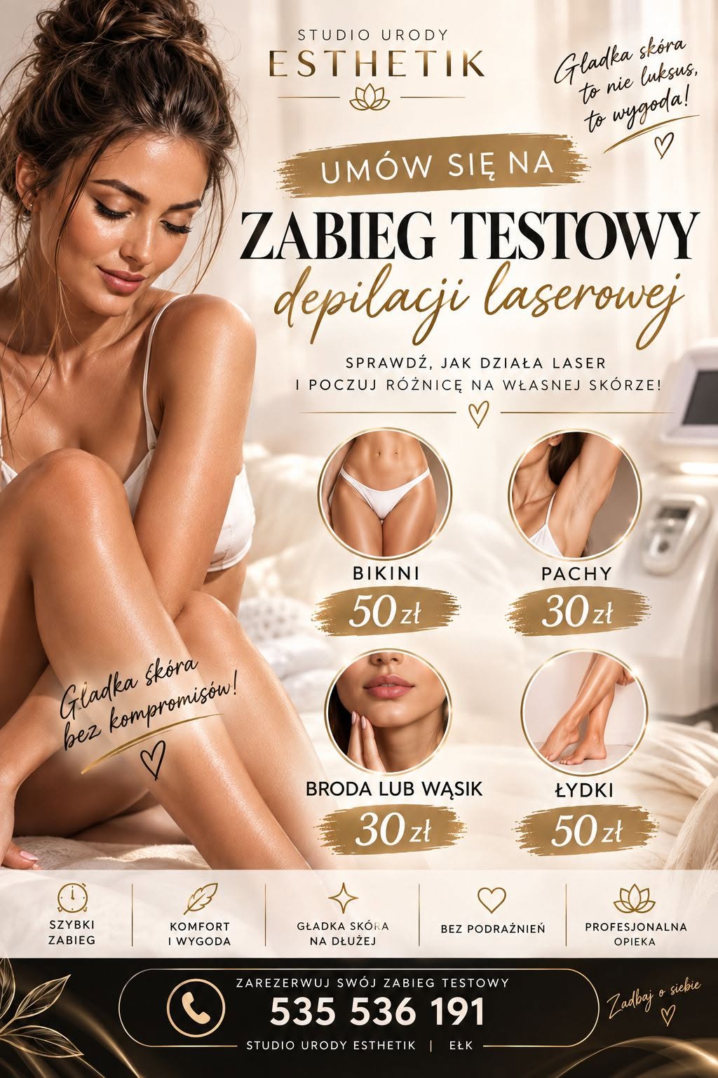 ✨ NIGDY NIE PRÓBOWAŁAŚ DEPILACJI LASEROWEJ? TO MOŻE BYĆ TWÓJ PIERWSZY KROK DO GŁADKIEJ SKÓRY. ✨

Zastanawiasz się, czy depilacja laserowa jest dla Ciebie?
Chcesz sprawdzić, jak wygląda zabieg i jak Twoja skóra reaguje na laser?
🤍 Umów się na ZABIEG TESTOWY w wyjątkowej cenie:
✨ BIKINI — 50 zł
✨ PACHY — 30 zł
✨ BRODA lub WĄSIK — 30 zł
✨ ŁYDKI — 50 zł

To doskonała okazja, aby poznać zabieg, poczuć komfort profesjonalnej depilacji i przekonać się na własnej skórze, czy to rozwiązanie dla Ciebie.

🌿 WAŻNE: oferta zabiegu testowego przeznaczona jest wyłącznie dla osób, które nigdy wcześniej nie korzystały z depilacji laserowej.
Nie musisz od razu decydować się na serię.
Najpierw spróbuj. Poznaj zabieg. Poczuj różnicę. ✨
📞 535 536 191
📍 Studio Urody Esthetik | Ełk
Liczba miejsc w ofercie testowej jest ograniczona.
Twoja droga do większego komfortu może zacząć się od jednego zabiegu. 🤍