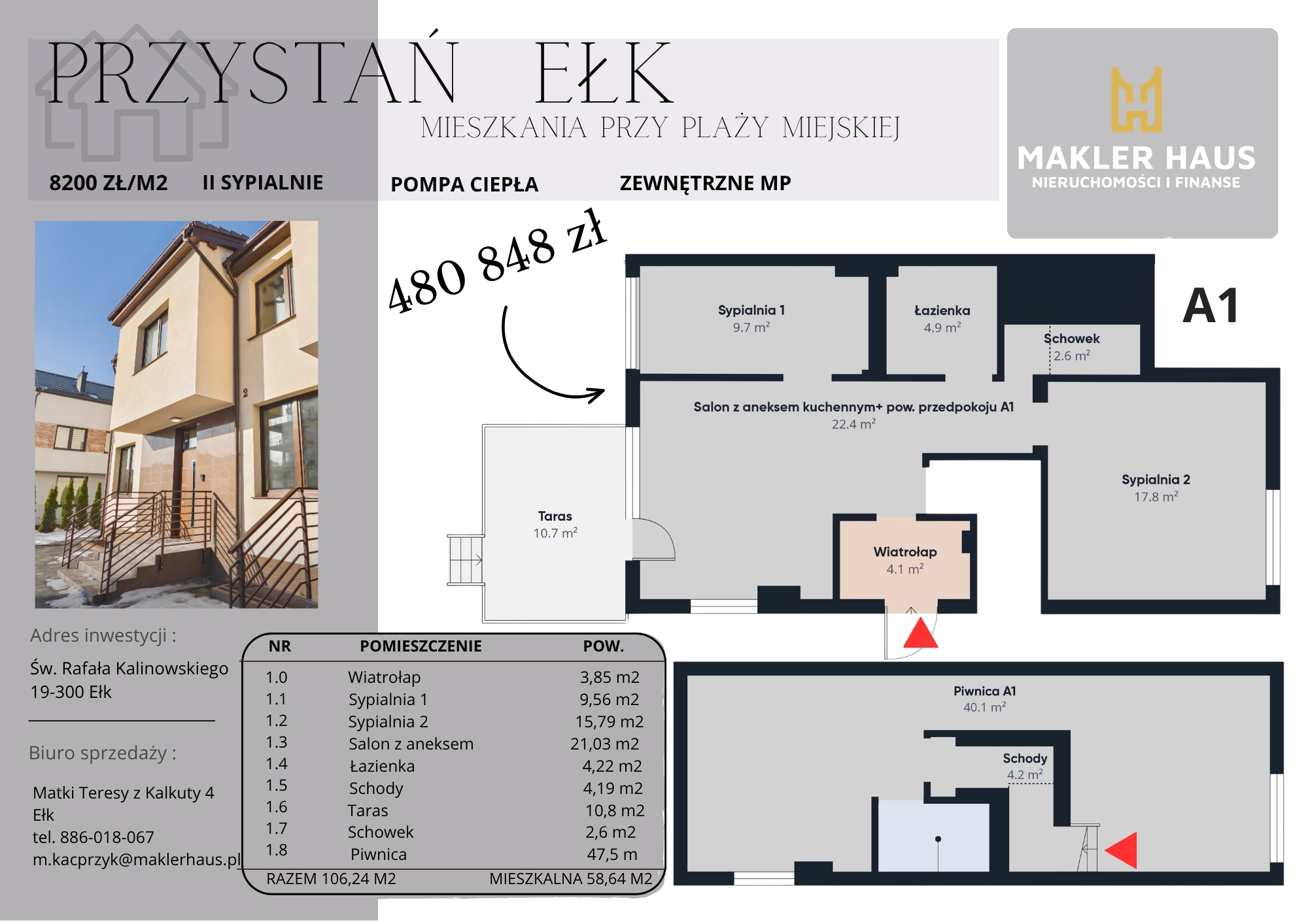 👋Mamy w ofercie kilka gotowych do odbioru lokali w tej inwestycji - zapraszam do zapoznania się z jednym z nich👀
ℹ️ 58,64 m2 na parterze z tarasem i dostępem do ogródka.
1️⃣Rewelacyjna cena▶️8200 zł/m2◀️w cenie również MP zew.
2️⃣Stan deweloperski. Stolarka okienna trzyszybowa.
3️⃣Własna pompa ciepła - ekonomiczne koszty. Brak czynszu. 
4️⃣Top lokalizacja - 300 m od nowej plaży miejskiej🏖️
5️⃣Niewielka ilość sąsiadów.
6️⃣Jest przygotowane ogrzewanie podłogowe po całej powierzchni mieszkania- brak kaloryferów. Wykonano wykończenia tarasów i pomieszczenia gospodarczego -gres i płytki. Inwestorzy zadbali o wysoką jakość materiałów.
📞Zapraszam na prezentację 886-018-067

ℹ️Jeśli myślisz o kredycie hipotecznym na zakup nieruchomości - nasz ekspert finansowy  pomoże w ocenie zdolności📝i🏠wyborze najkorzystniejszej oferty dla Ciebie.
ℹ️ Cena prezentowanego mieszkania z MP- 480,848 zł