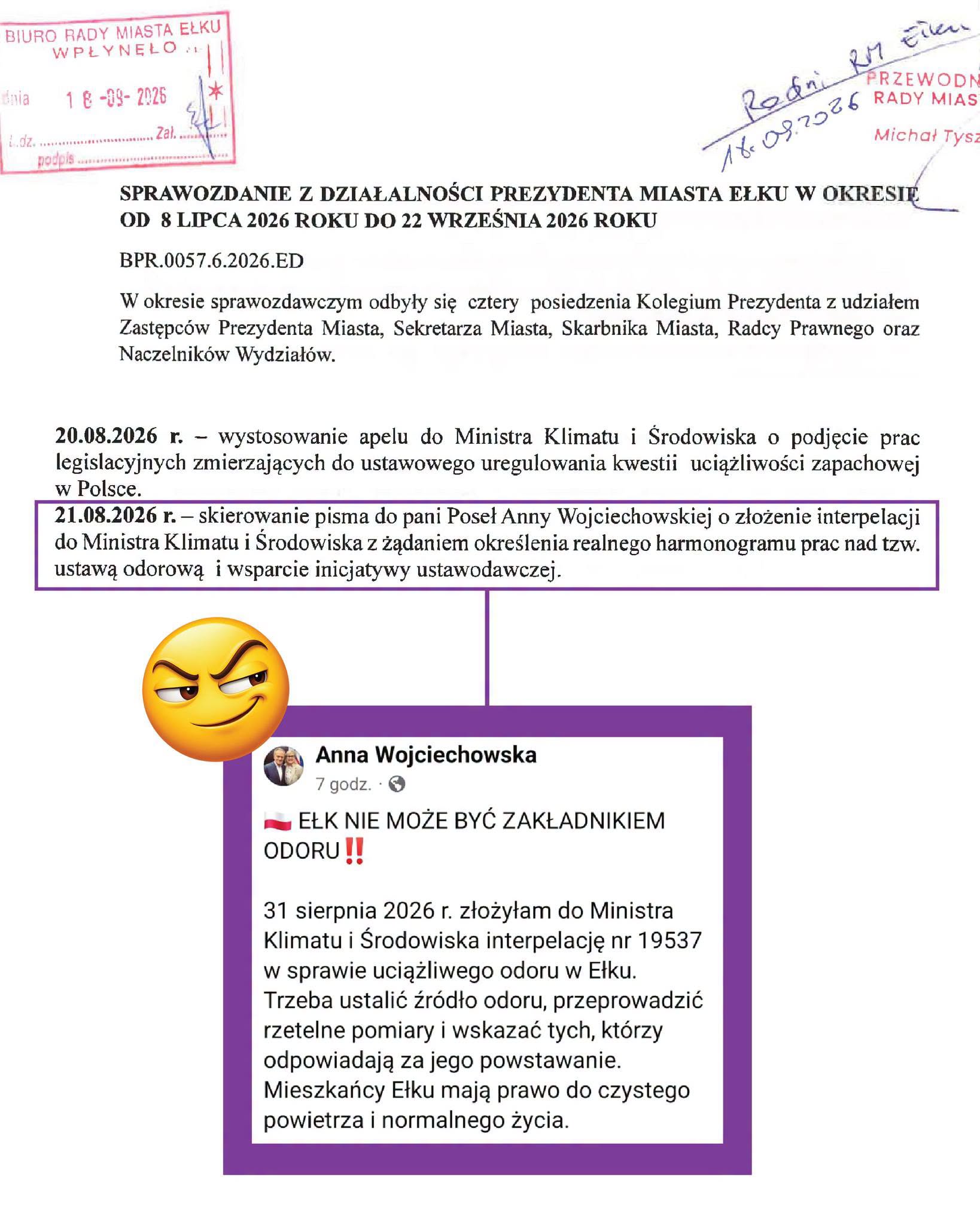 Pani Poseł, jedno krótkie wystąpienie w Sejmie to jeszcze nie jest walka z odorem.
Zwłaszcza że interpelacja została złożona po oficjalnej prośbie Prezydenta* Ełku o interwencję i wsparcie prac nad ustawą odorową.

Mieszkańcy nie oczekują medialnego odtrąbienia sukcesu po jednym wystąpieniu. Oczekujemy stałej presji, kolejnych działań i doprowadzenia sprawy do końca. Wobec tego pytamy wprost: 
Kiedy zobaczymy Pani kolejne ruchy w tej sprawie?

Bo problem trwa od lat, a ustawy odorowej nadal nie ma.

*- Dziękujemy Panie Prezydencie Ełku i prosimy o dalsze wspieranie.