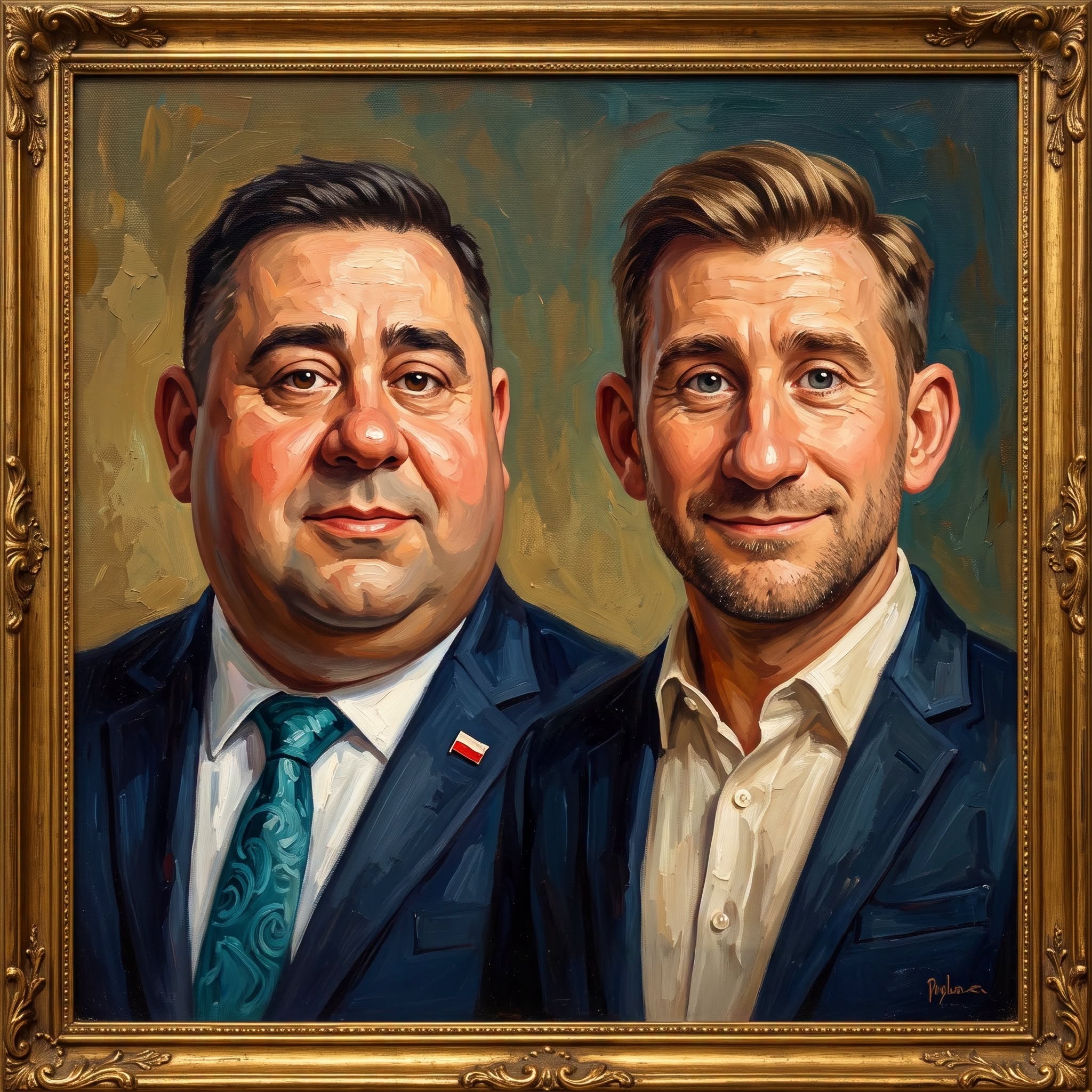"Tomasze. Pojednanie" - akryl na płótnie, 100 × 100 cm, sygnowany, oprawa złocona.

Podwójny portret w tradycji wielkiego malarstwa gabinetowego. Dwaj mężczyźni ujęci w półpostaci, ramię w ramię, wyłaniają się z ciepłego światłocienia z powagą oficjalnego wizerunku. Kompozycja zamyka się niczym obwarzanek. Dwa końce, które po latach schodzą się w jeden krąg. Gęste impasto kładzione szpachlą, prześwitujący splot płótna i ziemisto-turkusowe tło budują niemal namacalną materię malarską, a chłodny akcent barwny przerzucony przez środek płótna spaja obie sylwetki niczym niebieski mostek.
POJEDNANIE w rozumieniu abstrakcji dopełnia dzieło, w którym dawna wrogość jest, ale jakoby jej nie było...

Stan bardzo dobry. Gotowe do ekspozycji.
Autor nieznany.

Cena wywoławcza: 300zł i słucham Państwa 🔨💰😂