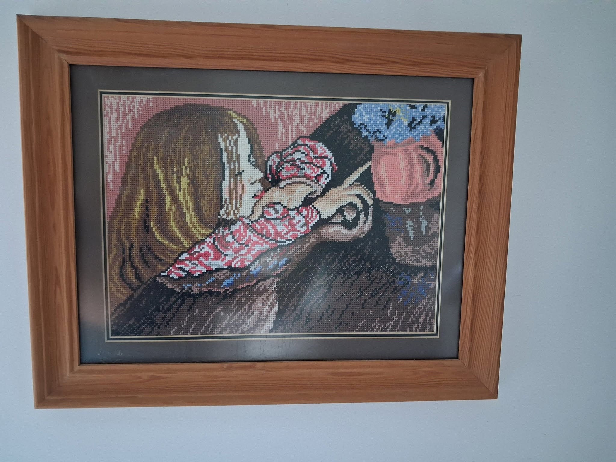 Sprzedam obraz wykonany haftem krzyżykowym o wymiarach 30×40 cm. Cena 100 zł.