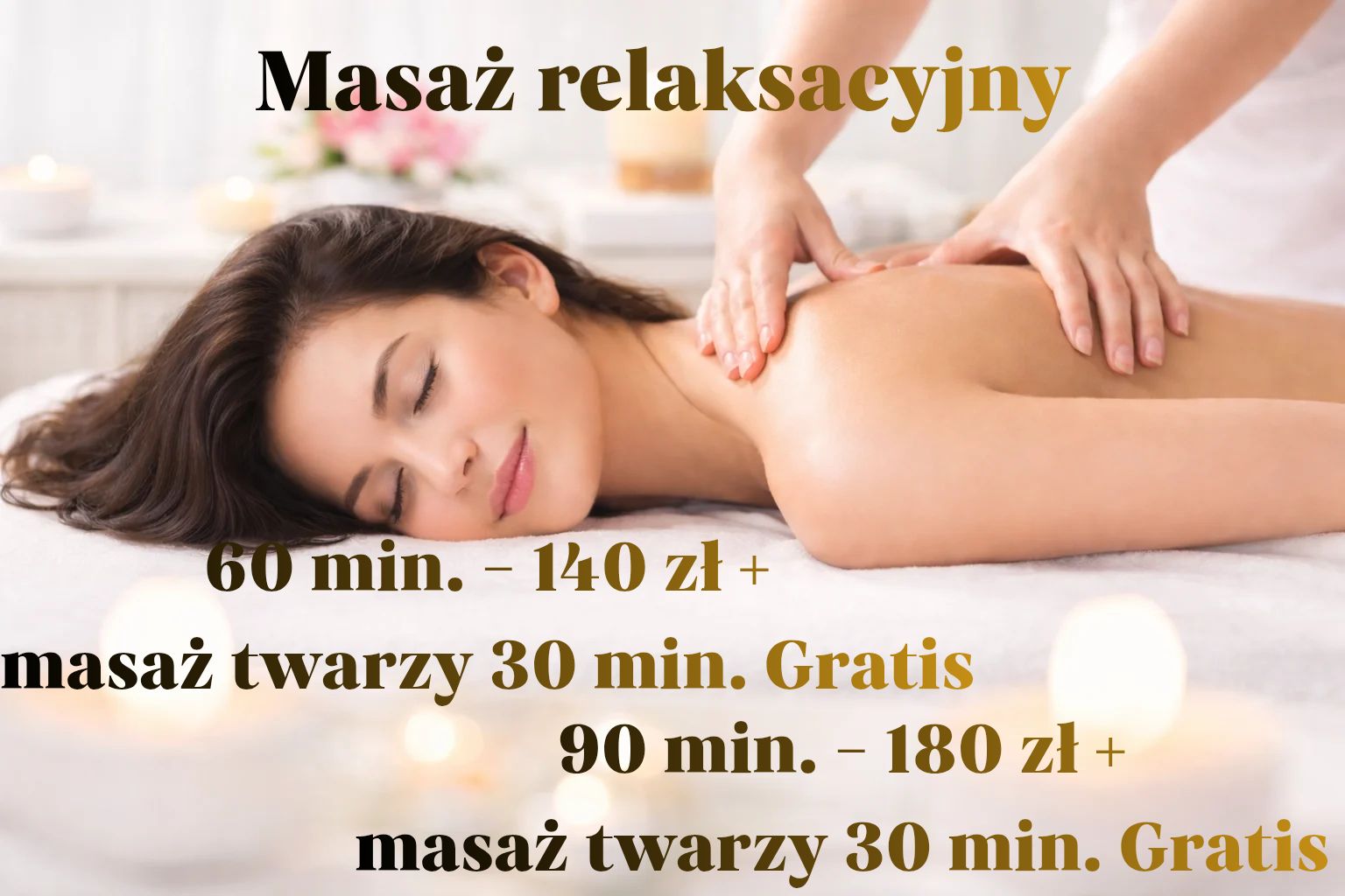Drodze Panie! Chcecie uwolnić się od stresu i zmęczenia, poprawić sobie nastrój,
a może po prostu się zrelaksować...

🌞Zapraszam na  masaż relaksujący 

✨️Przy zamówieniu masażu 60 lub 90 minutes masaż twarzy (30min) GRATIS!!!