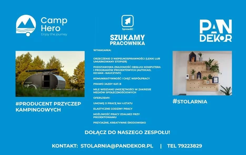 Szukamy  do  pracy   osoby z  orzeczeniem  o niepełnosprawności  w  stopniu minimum lekkim .    Praca  stacjonarna  lub  zdalna  w  zaleznosci    od  umiejetnosci.  Mile  widziane  osoby  kreatywne. Chcemy  aby     osoba  która   dołączy  do naszego zespołu  lubiła    to co   robi i chciała  sie  rozwijać.
