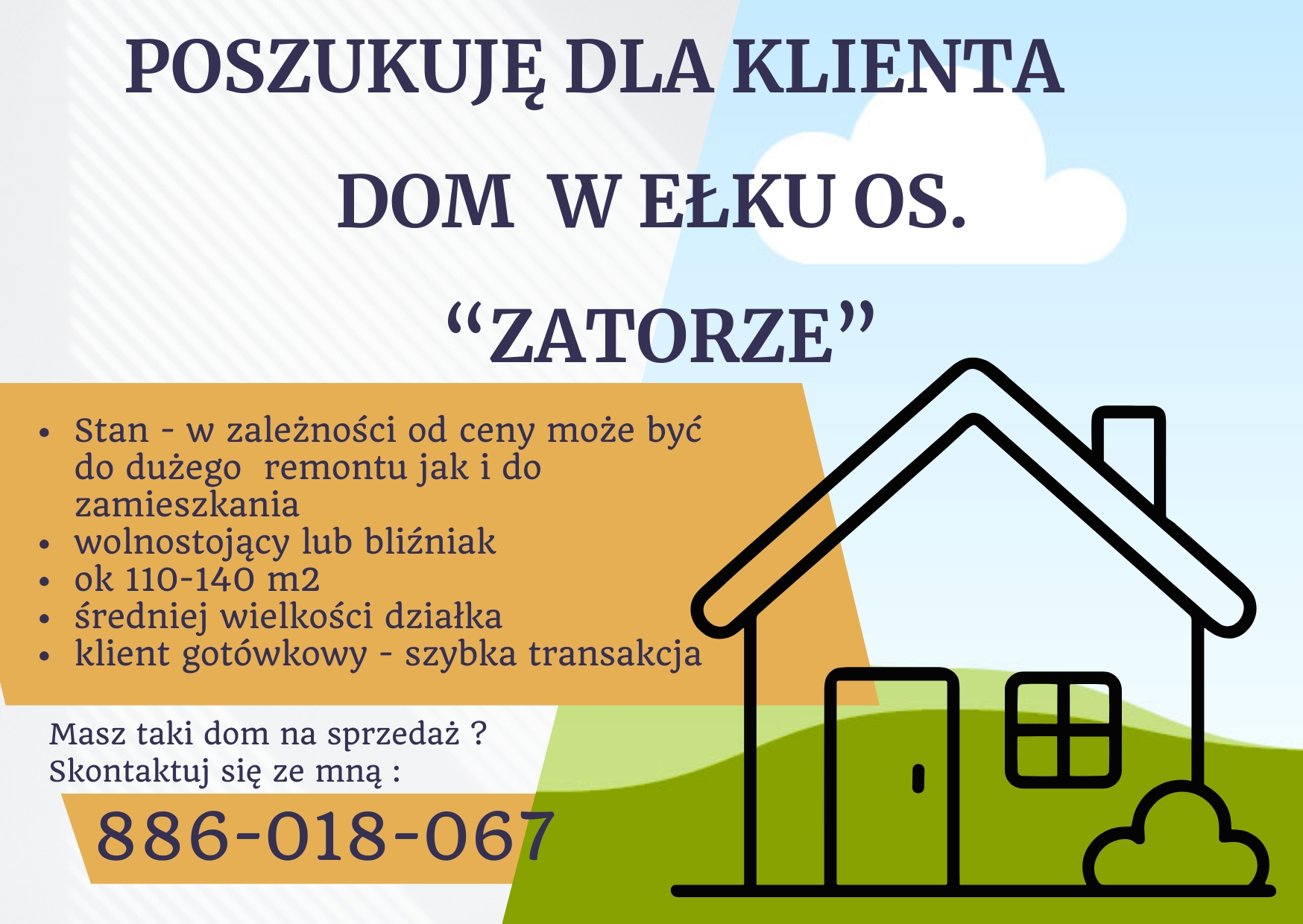 Poszukuję "os Zatorze -po obu stronach ul Suwalskiej . Bierzemy pod uwagę także domy w stanie do generalnego remontu z ceną adekwatną do stanu. Zapraszam do kontaktu - 886-018-067.
