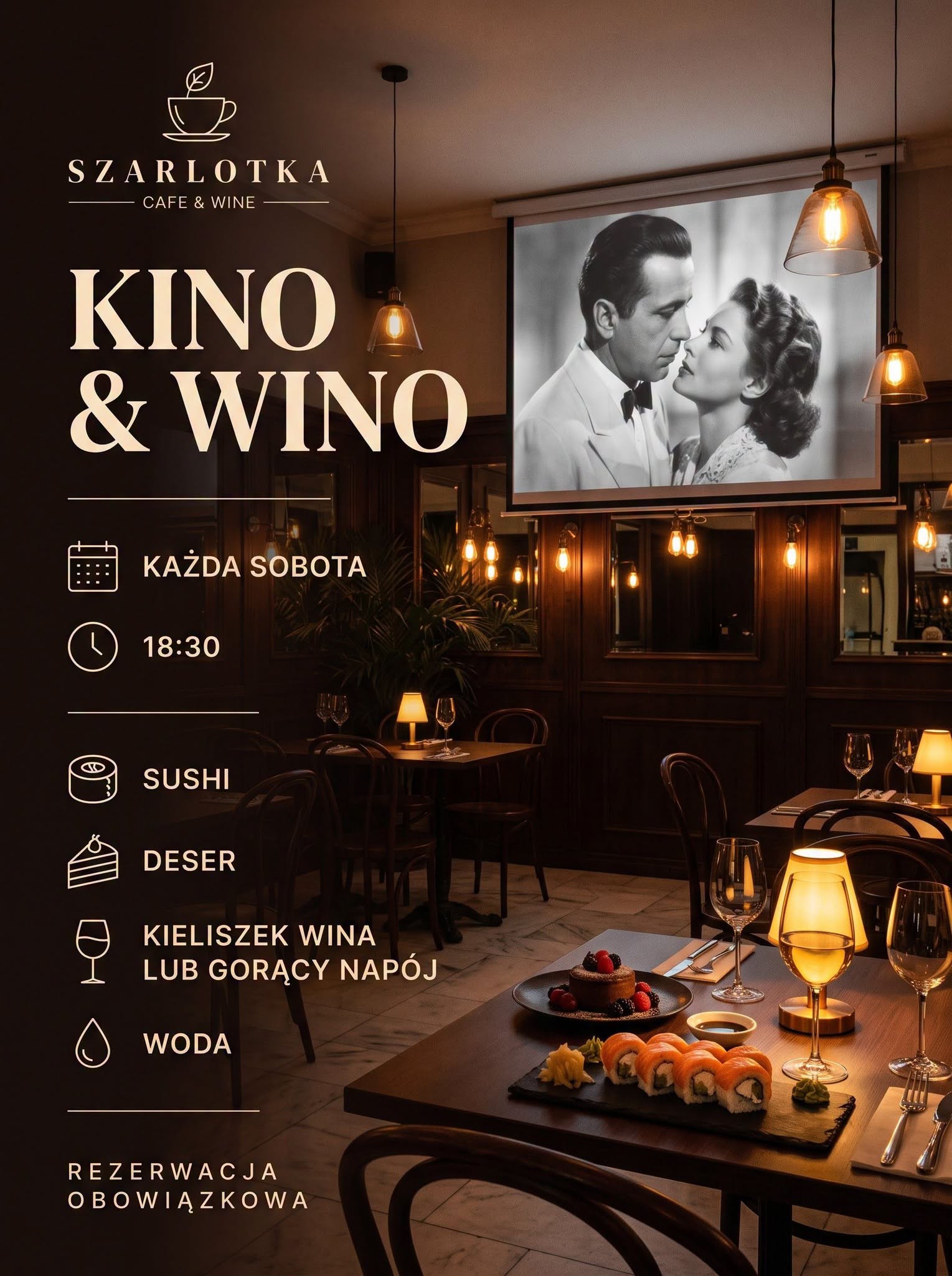 🎬 SOBOTNI WIECZÓR, KTÓRY NIE KOŃCZY SIĘ NA SAMYM FILMIE.

W Szarlotka cafe&amp;wine każda sobota zamienia się w kameralny seans z dobrym smakiem. 🍷

🕡 Start: 18:30
🍣 Sushi
🍰 Deser
🍷 Kieliszek wina lub gorący napój
💧 Woda

🎟️ Rezerwacja obowiązkowa

#KinoIWino #SzarotkaCafeWine #SobotniWieczór #Ełk #Mazury