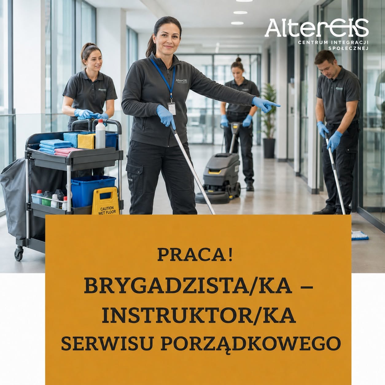 🧹 **Brygadzista/ka – instruktor/ka Serwisu Porządkowego**

📍 Ełk | 🕒 Pełny etat, druga zmiana
📄 Umowa o pracę

W związku z rozwojem Serwisu Porządkowego AlterCIS poszukujemy osoby, która poprowadzi zespół zajmujący się utrzymaniem czystości wewnątrz urzędów, instytucji, firm i innych obiektów.

Praca odbywa się od poniedziałku do piątku w godzinach **12:00–20:00**.

Stanowisko łączy organizowanie pracy zespołu z praktycznym wykonywaniem usług. Szukamy osoby, która potrafi pokazać, jak należy wykonać zadanie, nauczyć właściwych standardów i dopilnować efektu.

**Twoje główne zadania:**

🧹 Organizowanie i nadzorowanie sprzątania biur, korytarzy, sanitariatów, pomieszczeń socjalnych oraz innych przestrzeni wewnątrz budynków

👥 Rozdzielanie zadań, instruowanie pracowników i uczestników Centrum oraz kontrolowanie jakości i tempa pracy

🧑‍🏫 Praktyczne przygotowywanie uczestników do wykonywania zawodu – nauka technik sprzątania, właściwego korzystania ze sprzętu i środków chemicznych oraz dobrej organizacji pracy

✅ Kontrolowanie wykonania usług i reagowanie na zauważone niedociągnięcia

🧴 Przygotowywanie sprzętu, środków czystości i materiałów potrzebnych do realizacji zleceń

🚗 Organizowanie dojazdów zespołu oraz sprawne przemieszczanie się pomiędzy obsługiwanymi obiektami

🤝 Kontakt z klientami i pracownikami obiektów oraz dbanie o profesjonalny wizerunek zespołu

**Wymagania konieczne:**

✅ Prawo jazdy kat. B i swoboda w prowadzeniu samochodu

✅ Doświadczenie w profesjonalnym sprzątaniu obiektów

✅ Umiejętność organizowania i nadzorowania pracy kilkuosobowego zespołu

✅ Znajomość środków czystości, sprzętu oraz podstawowych technik sprzątania

✅ Gotowość do pracy w godzinach 12:00–20:00

✅ Wysoka kultura osobista i umiejętność właściwego zachowania w urzędach, instytucjach i firmach

✅ Odpowiedzialność, dokładność i dobra organizacja pracy

✅ Cierpliwość, stanowczość i umiejętność jasnego przekazywania poleceń

✅ Gotowość zarówno do nadzorowania zespołu, jak i do praktycznego udziału w wykonywaniu usług

**Mile widziane:**

⭐ Doświadczenie jako brygadzista/ka, lider/ka zespołu lub osoba wdrażająca nowych pracowników

⭐ Umiejętność obsługi profesjonalnych maszyn sprzątających

⭐ Doświadczenie w pracy z osobami wymagającymi wdrożenia, wsparcia i jasnego wyznaczania zadań

**Oferujemy:**

💼 Stabilne zatrudnienie na podstawie umowy o pracę

🕒 Stałe godziny pracy od poniedziałku do piątku: 12:00–20:00

📈 Możliwość wpływu na organizację pracy i rozwój Serwisu Porządkowego

🤝 Samodzielne stanowisko z jasno określoną odpowiedzialnością

💰 **Po zapoznaniu się z przesłanym CV, jeszcze przed zaproszeniem na rozmowę kwalifikacyjną, przedstawimy proponowaną wysokość wynagrodzenia. Dzięki temu kandydat lub kandydatka będzie znać warunki finansowe przed podjęciem decyzji o udziale w rozmowie.**

📩 CV oraz krótką informację o swoim doświadczeniu wyślij na: **[grzegorz.stachurski@adelfi.pl](mailto:grzegorz.stachurski@adelfi.pl)**

📞 Masz pytania? Zadzwoń: **570 580 612**