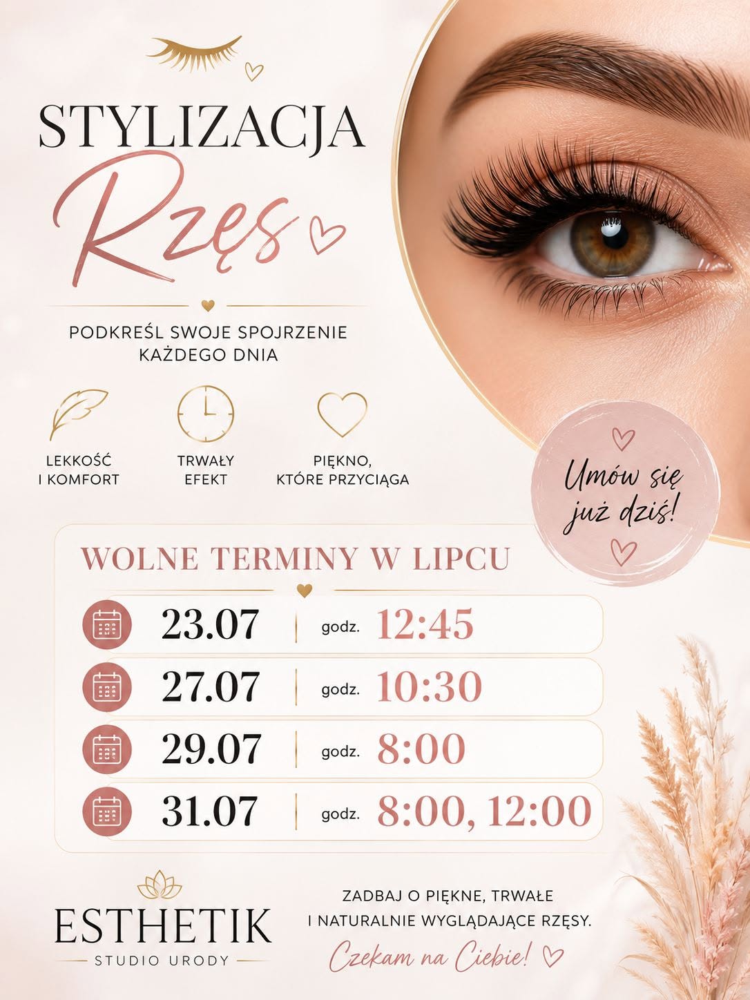 Stylizacja Rzęs ✨
Wolne terminy w lipcu:
📅 23.07 – godz. 12:45
📅 27.07 – godz. 10:30
📅 29.07 – godz. 8:00
📅 31.07 – godz. 8:00 oraz 12:00
Zadbaj o piękne, trwałe i naturalnie wyglądające rzęsy. Umów się już dziś!
535536191
