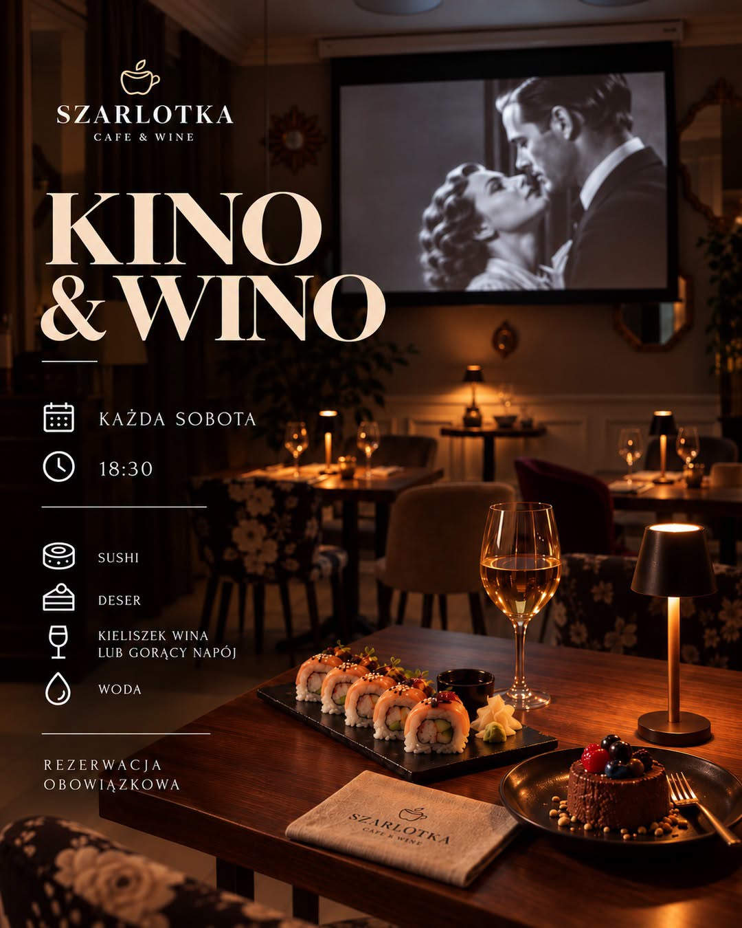 W każdą sobotę o 18:30 w Szarlotka cafe&amp;wine
Rezerwacje do piątku. ☕