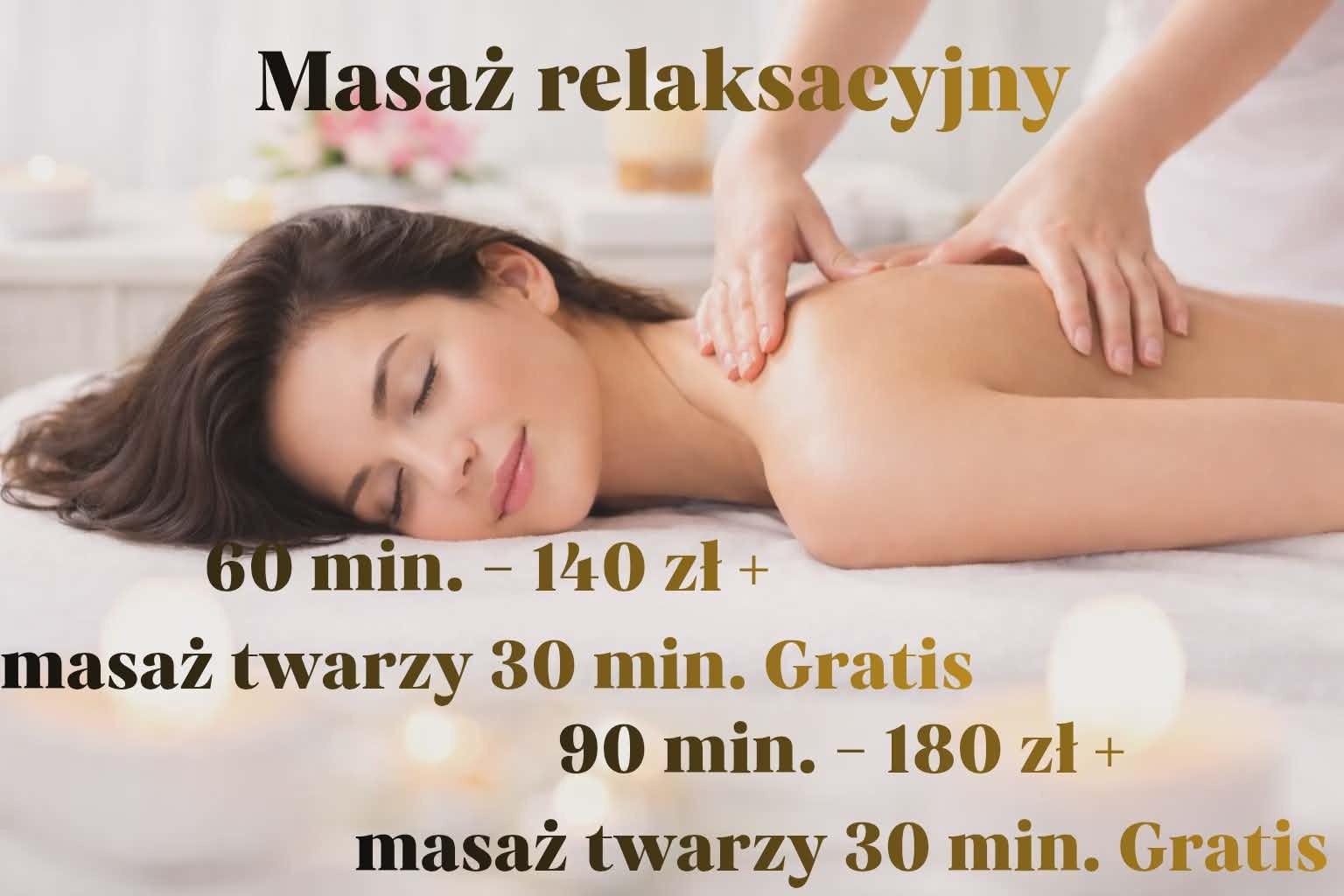 Drodze Panie! Chcecie uwolnić się od stresu i zmęczenia, poprawić sobie nastrój,
a może po prostu się zrelaksować...
Zapraszam na  masaż relaksujący .
Przy zamówieniu masażu 60 lub 90 minutes masaż twarzy (30min) GRATIS!!!