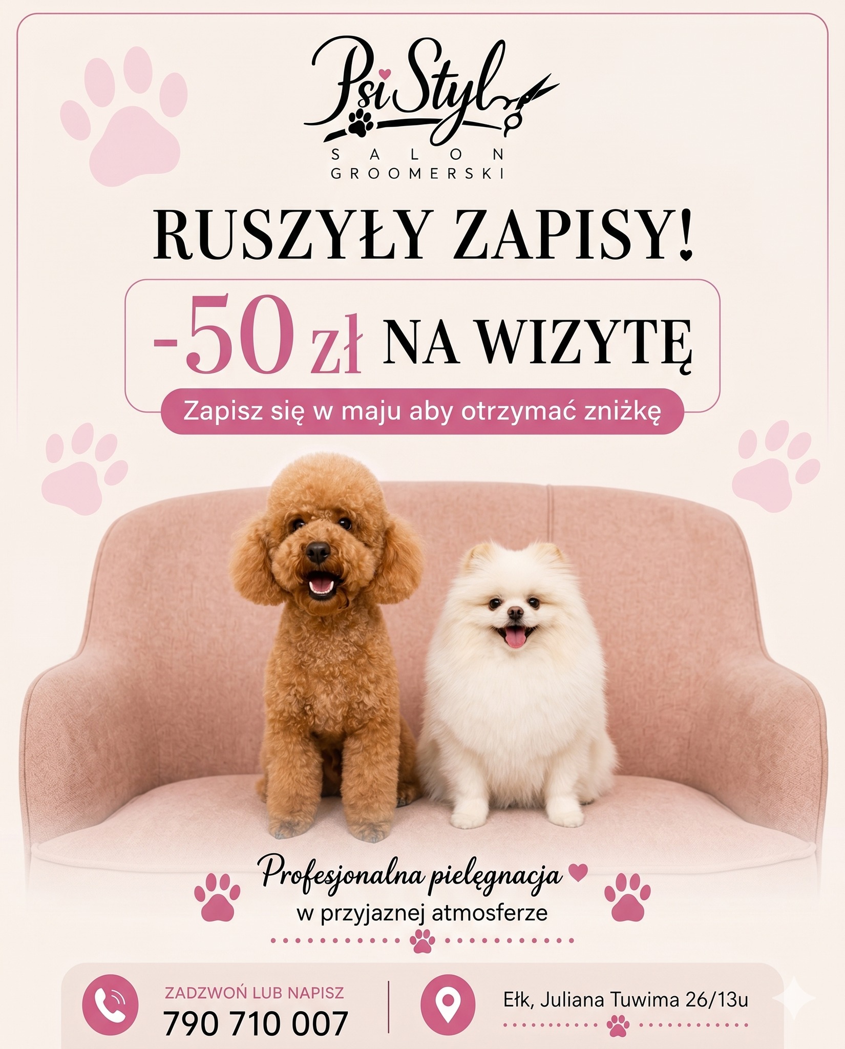 Nowy punkt na mapie Ełku 🐩
Zostawisz to na później… i zapłacisz więcej.
Albo ogarniesz teraz i masz -50 zł w kieszeni 🐶✂️

Promocyjne zapisy właśnie ruszyły.
Rezerwujesz dziś – korzystasz kiedy chcesz, nawet do końca roku.

✔️ komfort Twojego pupila  
✔️ profesjonalna pielęgnacja  
✔️ elastyczny termin  

Psi Styl Ełk Salon Groomerski 👈👀
📍 Ełk, ul. Juliana Tuwima 26/13u  
📞 790 710 007  

👉 Zadzwoń i zarezerwuj termin zanim zniknie promocja.

#psiak #grooming #strzyzeniepsa #Ełk #Mazury
