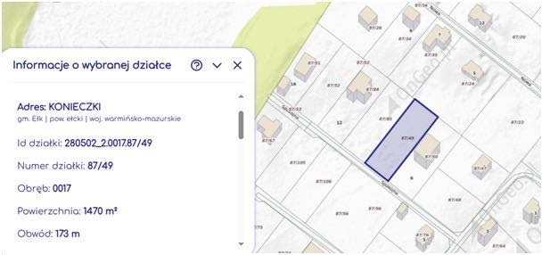 Sprzedam działkę budowlaną o powierzchni 1470 m², położoną przy ul. Spokojnej, na stale rozwijającym się osiedlu domów jednorodzinnych we wsi sołeckiej Konieczki.

Informacje ogólne:
Teren: płaski,
Kształt: prostokąt o wymiarach 23 m x 64 m,
Media: prąd,
Dojazd: droga utwardzona (udział w drodze),
Okolica: sąsiedztwo domów jednorodzinnych i terenów zielonych,

Decyzja o warunkach zabudowy wydana dla inwestycji ustala budowę budynku mieszkalnego jednorodzinnego.

Cena 250 000 zł