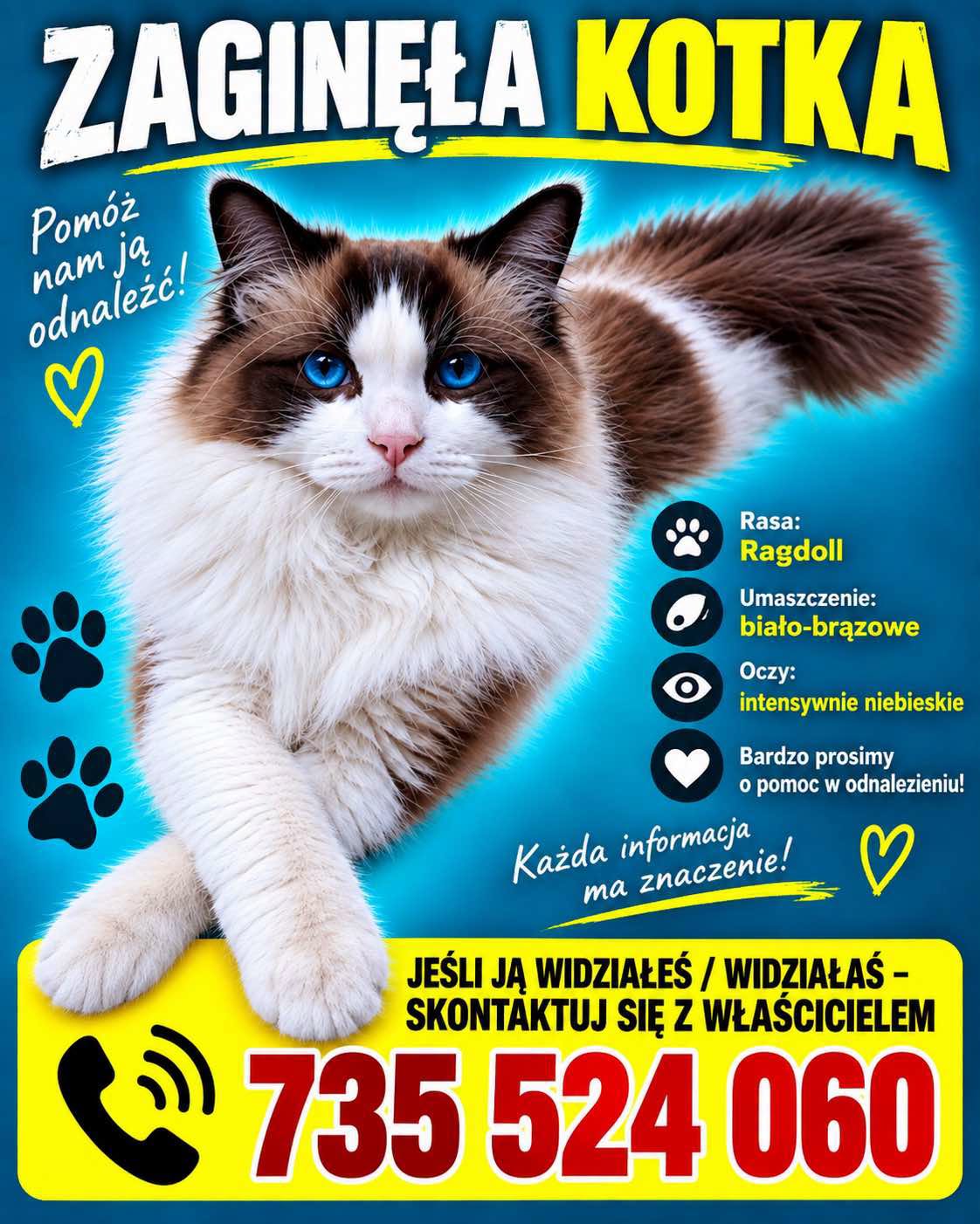🚨 ZAGINĘŁA KOTKA – PROSIMY O POMOC I UDOSTĘPNIENIA! 🚨

Od dwóch dni nie ma w domu naszej kotki rasy Ragdoll, o brązowo-białym umaszczeniu. 🐾🤎🤍

Bardzo się o nią martwimy. W domu czekają na nią dzieci oraz nasz drugi kot Igo, który bardzo za nią tęskni i jej szuka. 💔

📍 Zaginęła w okolicy osiedla Ełk ul. Ogrodowa 

Jeżeli ktoś ją widział, przygarnął albo zauważył gdzieś w okolicy, bardzo prosimy o pilny kontakt. Mogła się przestraszyć i gdzieś schować — pod samochodem, w garażu, piwnicy, altanie lub na posesji.

🙏 Prosimy, zerknijcie również do swoich garaży, piwnic i budynków gospodarczych.

📞 Kontakt: 735524060

Będziemy ogromnie wdzięczni za każde udostępnienie. Chcemy tylko, żeby nasza kotka bezpiecznie wróciła do domu. ❤️🐱