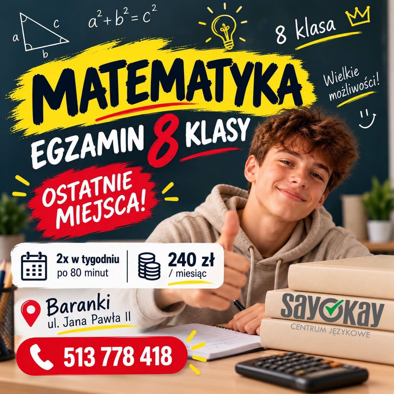 W tym roku w @SayOkay dzieje się trochę więcej niż języki. 😊

Jedną z nowości są zajęcia z matematyki dla ósmoklasistów, przygotowujące do egzaminu E8.

Grupa jest już prawie kompletna — zostało nam kilka ostatnich miejsc i właśnie kończymy zapisy.

Na zajęciach będziemy porządkować materiał, uzupełniać braki i pracować z zadaniami egzaminacyjnymi. Zależy nam przede wszystkim na tym, żeby uczeń rozumiał, jak dojść do rozwiązania, a nie tylko zapamiętywał kolejne schematy.

📚 2 razy w tygodniu po 80 minut
📍 Baranki, ul. Jana Pawła II
💰 240 zł / miesiąc

Jeśli szukacie miejsca dla ósmoklasisty - zapraszamy do kontaktu. 💛
📞 513 778 418