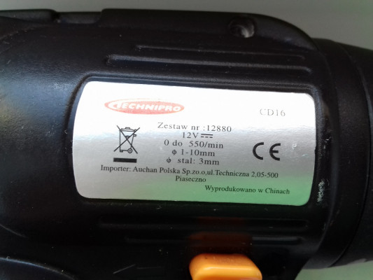 Wkrętarka akumulatorowa 12V TechniPro CD16, SH-DC12V400, Auchan, CD16B