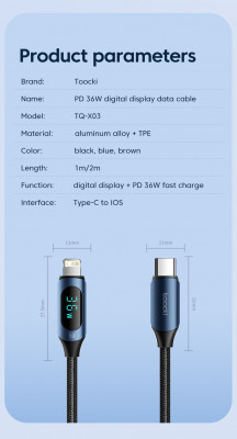 Toocki kabel USB-C do iPhone PD 36W transmisja danych, Lightning