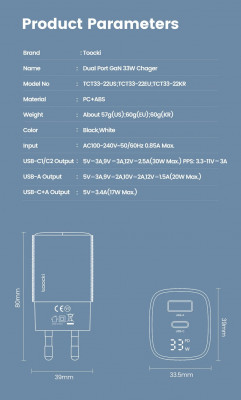 Ładowarka GaN 33W PD+QC3 5V, 3A, 9V, 10V, 12V, NOWA, USB-C + USB-A, TC