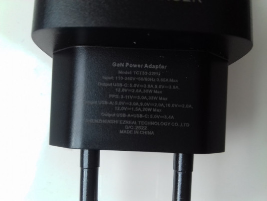 Ładowarka GaN 33W PD+QC3 5V, 3A, 9V, 10V, 12V, NOWA, USB-C + USB-A, TC