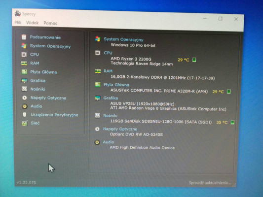 Komputer Asus Prime A320M-R AM4 + Ryzen 3 2200G + RAM 16GB DDR4 + SSD