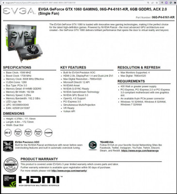 EVGA GTX 1060 6GB ACX 2.0 GDDR5 192bit HDMI DP DVI