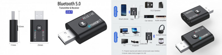 2w1 odbiornik nadajnik Bluetooth 5.0, jack 3,5mm, USB, słuchawki, TV,