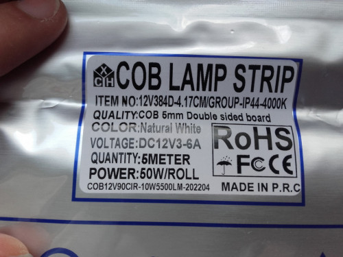 Taśma świetlna FCOB, COB, 384 LED, 5mm, 12V, Biały neutralny 10W na m