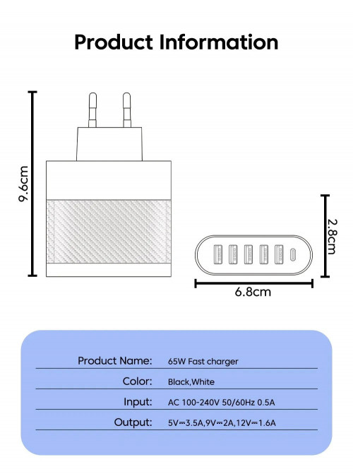 Ładowarka LYK-881, Quick Charge 3.0, USB-C, 5V 3,5A, 9V 2A, 12V 1,6A,