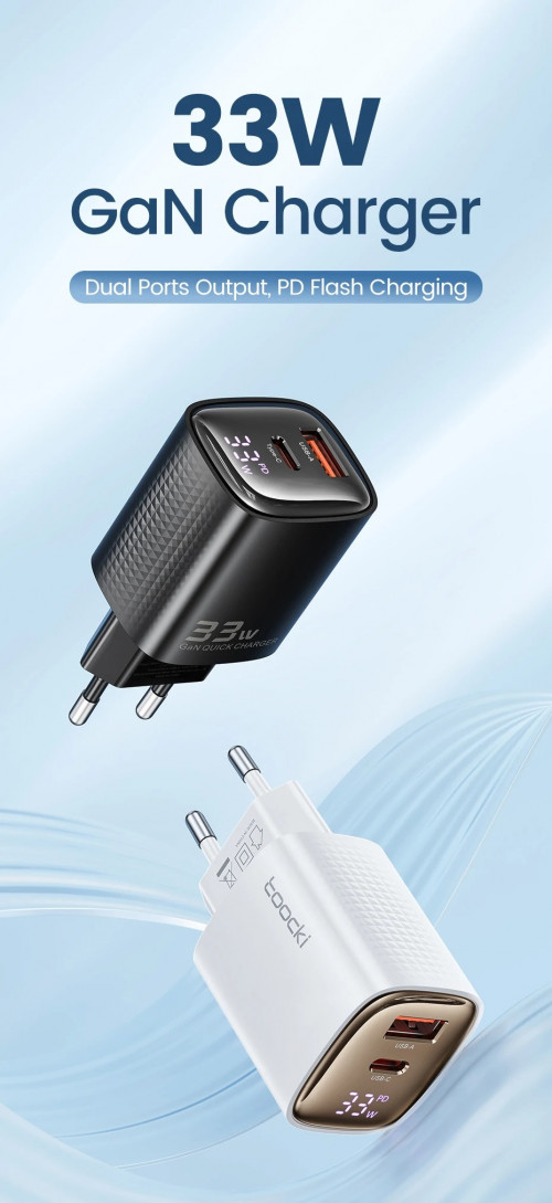 Ładowarka GaN 33W PD+QC3 5V, 3A, 9V, 10V, 12V, NOWA, USB-C + USB-A, TC