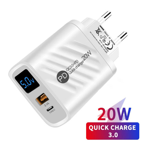 Ładowarka AR-893, USB-C + USB-A 20W z wyświetlaczem, QC3+PD Quick Chan