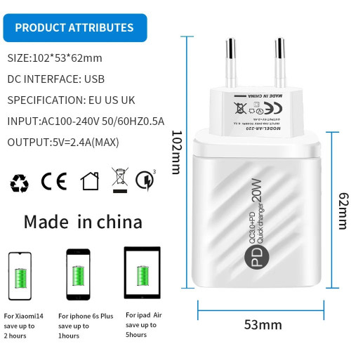 Ładowarka AR-893, USB-C + USB-A 20W z wyświetlaczem, QC3+PD Quick Chan