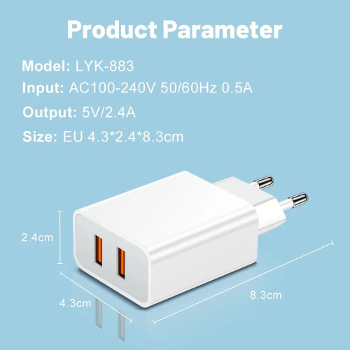 Ładowarka LYK-883, 2xUSB-A 12W 5V 2,4A, NOWA, 3058632334894294, PX1666