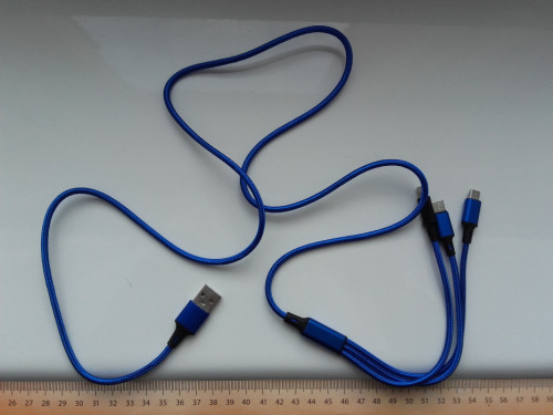 Kabel USB 3w1, USB-C, microUSB, Lightning, 115cm, niebieski, NOWY