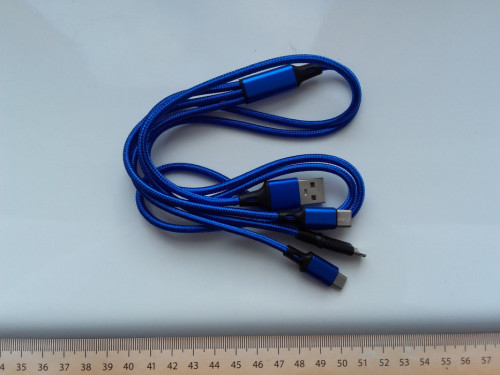 Kabel USB 3w1, USB-C, microUSB, Lightning, 115cm, niebieski, NOWY
