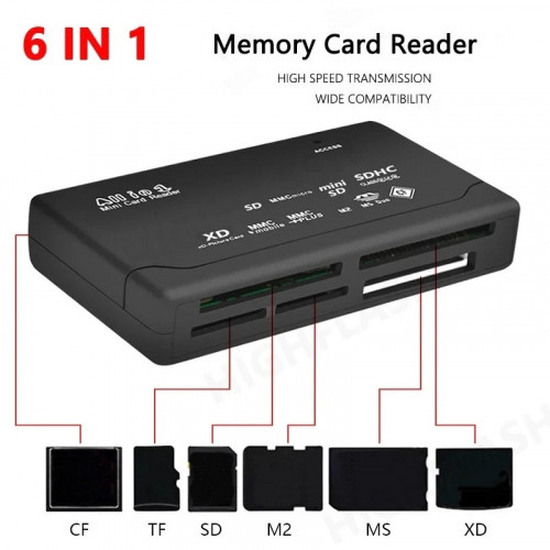 Czytnik kart 6w1, microSD, MMC, SD, XD, CF, MS Duo, M2, NOWY V8