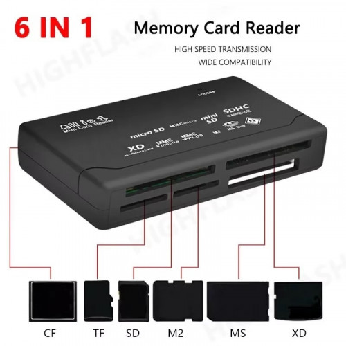 Czytnik kart 6w1, microSD, MMC, SD, XD, CF, MS Duo, M2, USB, NOWY czar