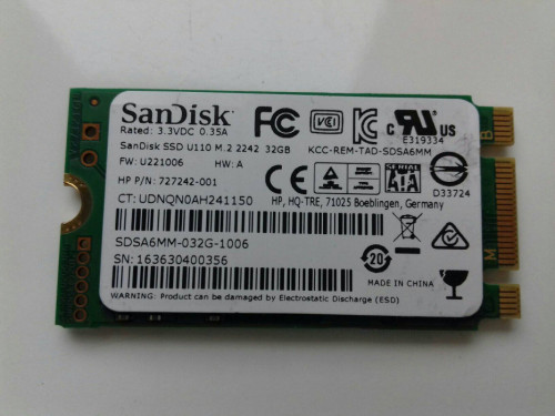 Dysk SSD 32GB M.2 SATA, SanDisk U110 2242, 3.3V 0.35A, 660166399585722