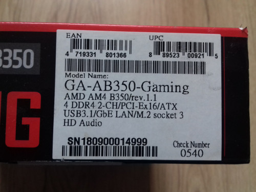 Pudełko od płyty głównej ATX Gigabyte AB350 Gaming, GA-AB350-GAMING, S