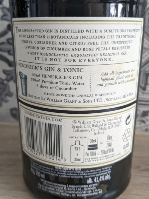 Gin Hendrick's 0,7L czarna -PUSTA-kolekcjonerska- real foto